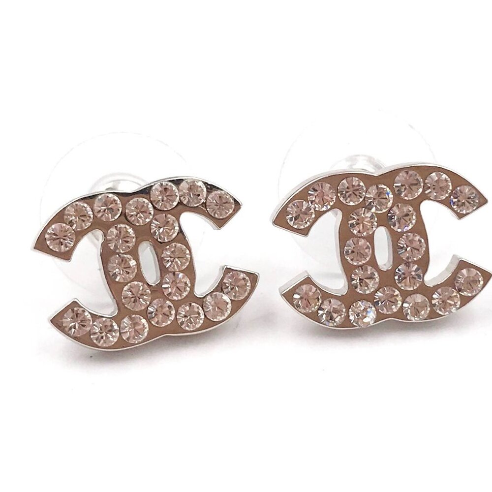 Chanel Classic Silver CC Crystal Medium Piercing Earrings